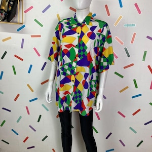 80s vintage geo design shirt sleeve blouse - White / Orange/Purple / Green size 14