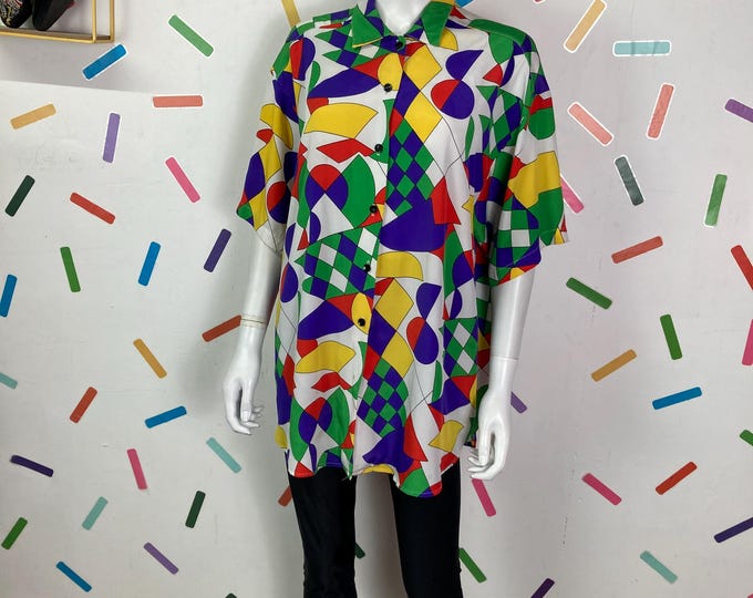 80s vintage geo design shirt sleeve blouse - White / Orange/Purple / Green size 14