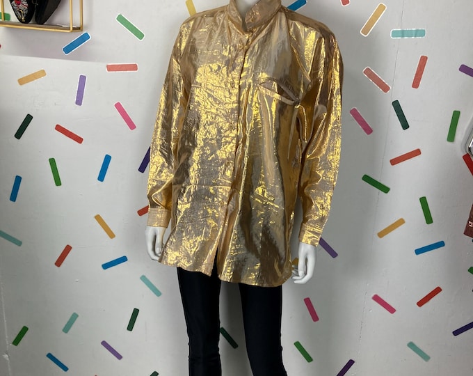 1980s true vintage yellow gold metallic oversized blouse size 14/16