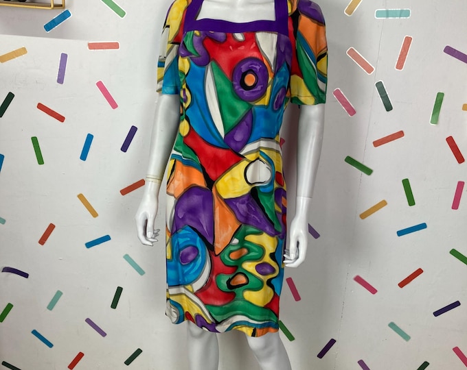 1980s vintage abstract geo design silk multicolour dress Size 10/12
