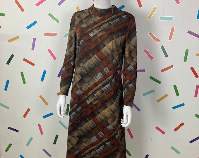 SALE - 1970s autumnal design geo button detail long sleeve dress - Size 12/14