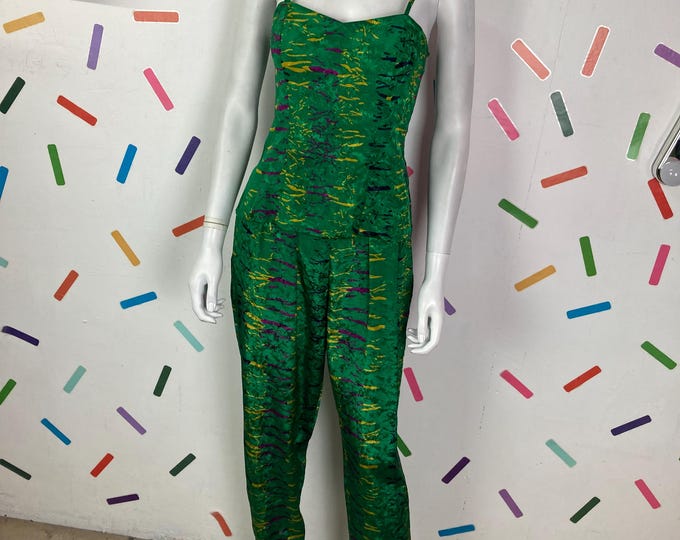 Green 1980s abstract design true vintage silk trouser set size 12