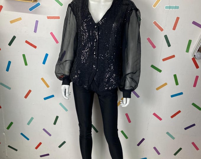 1980s true vintage black sparkle top with sheer sleeves size 16/18