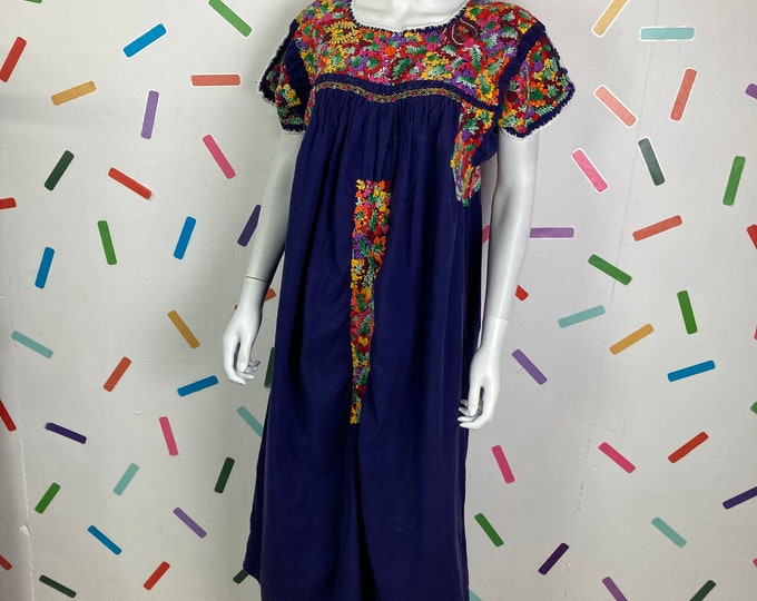 70s vintage bright blue midi Mexicana dress with embroidery panels -  size 18/20