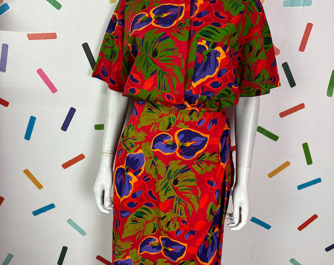 1980s true vintage floral 2 piece top and skirt (with pockets) set - size 12