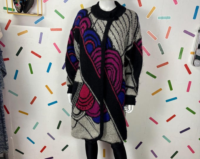 1980s Geometric Block Cardigan – pink / grey / black size 14/16