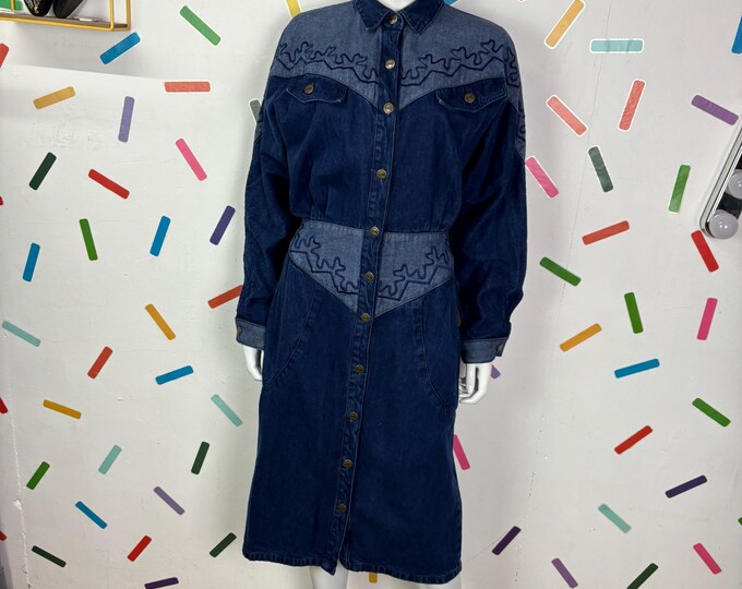 1980s true vintage dark denim western batwing design midi dress size 12/14