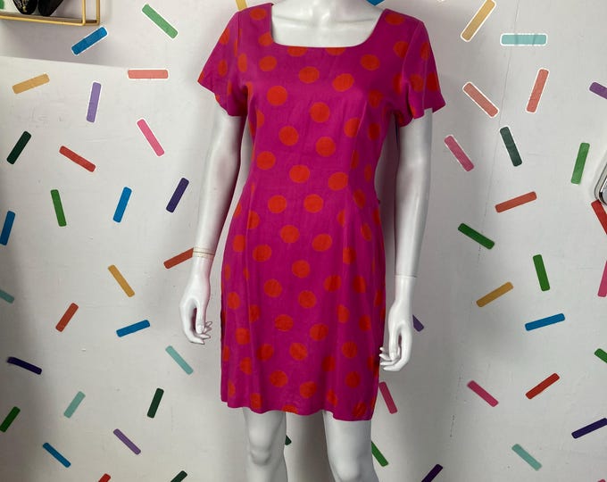 1990s true vintage pink and orange spot design short sleeve dress size 10/12