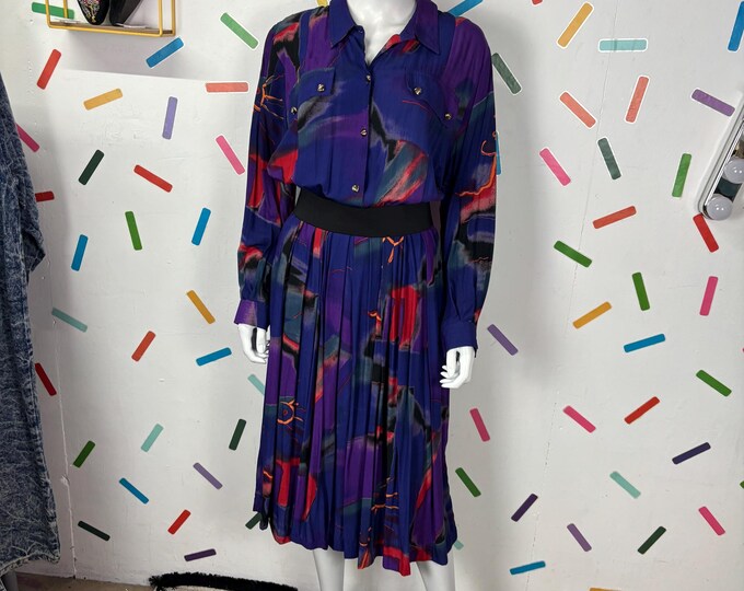 1980s Geo Abstract Midi Dress: Purple Red Viscose Shirt Style, Size 14/16