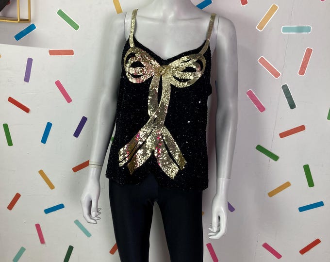 1980s true vintage black and gold Frank Usher bow design cami top Size 10/12