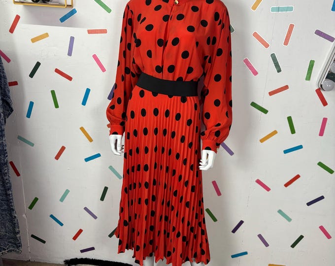 1980s true vintage bright red and black polka dot midi dress - Size 12/14