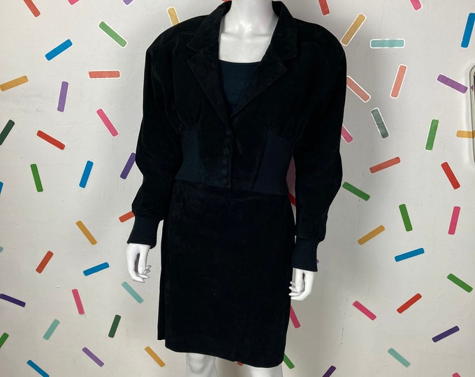 1980s true vintage black suede 2 piece set - skirt /  jacket - Size 8/10
