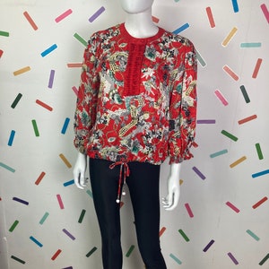 1980s true vintage jewel/abstract design tie waist blouse - size up to 14