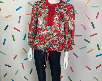 1980s true vintage jewel/abstract design tie waist blouse - size up to 14