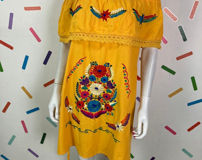 1980s bright yellow embroidery design dress with on/off shoulder design size 12/14