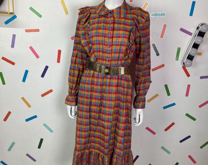 1980s true vintage red / orange / gold frill check midi dress Size 10/12