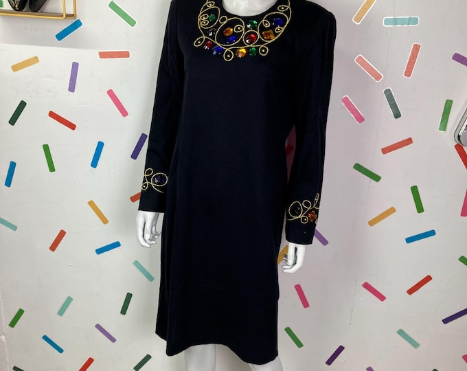 1980s true vintage Jewel detail stretch long sleeve cuff detail dress size 12-16