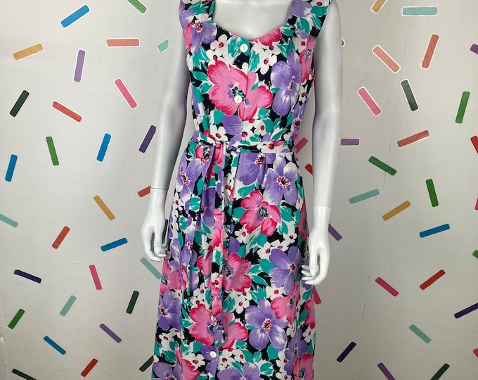 1980s true vintage 80s does 50s floral design midi dress with pockets and belt  - size 16/18