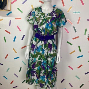 1980s does 50s palm design true vintage midi dress with pockets size 12/14