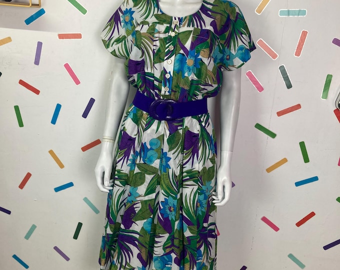 1980s does 50s palm design true vintage midi dress with pockets size 12/14