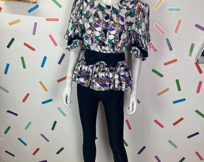 1980s vintage abstract peplum design top bow sleeves size 10/12