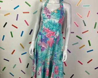 1980s Vintage Halter Dress: Pastel Floral Cotton Summer Dress, Pockets (Size 12/14)