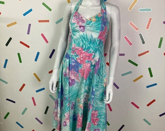 1980s  true vintage halter neck pastel colour abstract floral summer dress with pockets- Size up to 12/14