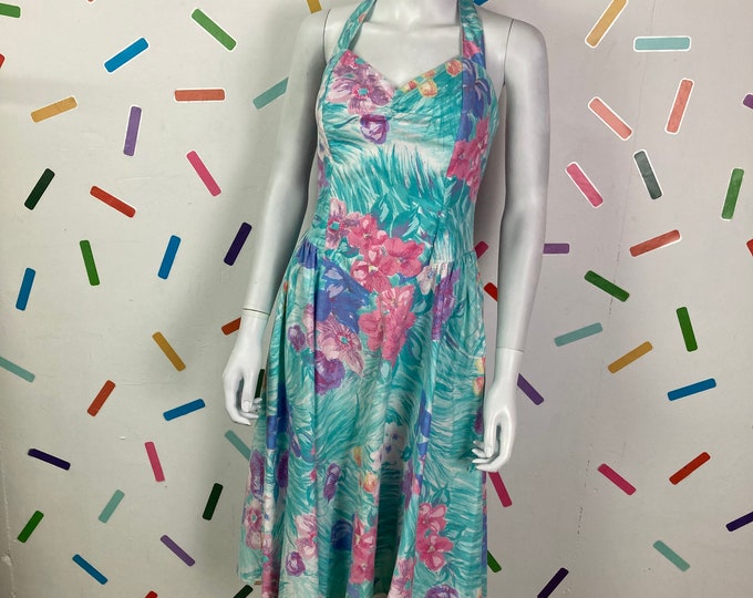 1980s  true vintage halter neck pastel colour abstract floral summer dress with pockets- Size up to 12/14