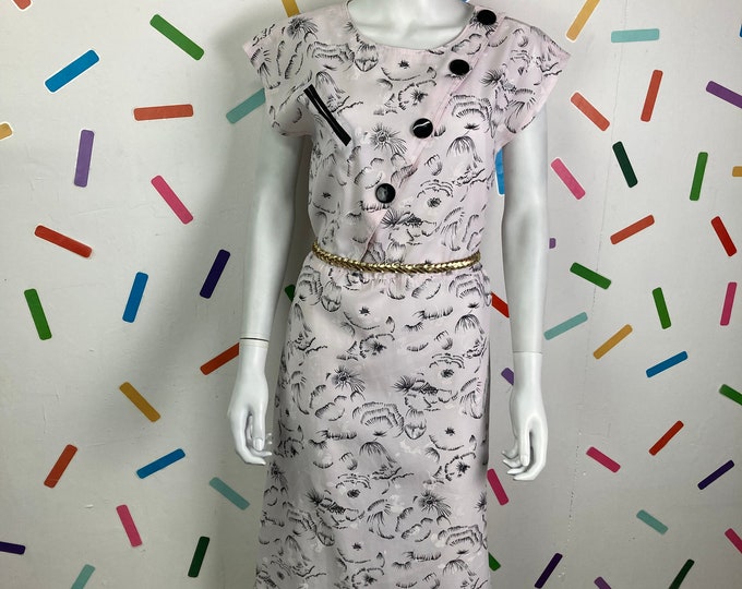 True vintage 80s pale pink / black midi dress with button detail and pockets - Size 12