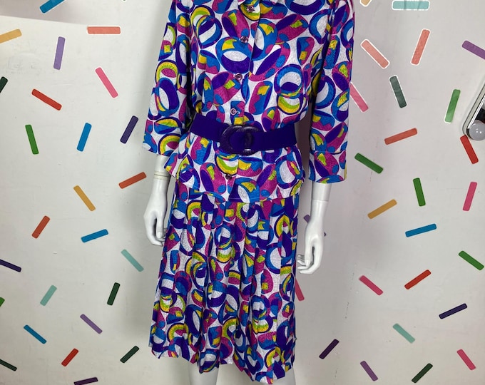 1980s abstract pink / purple Gina Bacconi 2 piece set top / skirt - Size 16/18