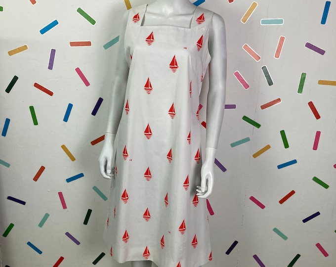 1970s / 80s true vintage boat print design red and white strap dress - Size 12/14