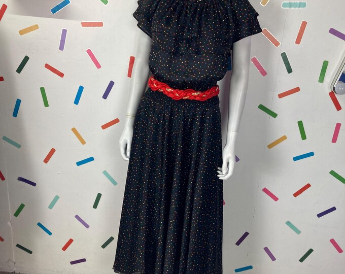 1980s true vintage polka dot frill design maxi dress size 12-16