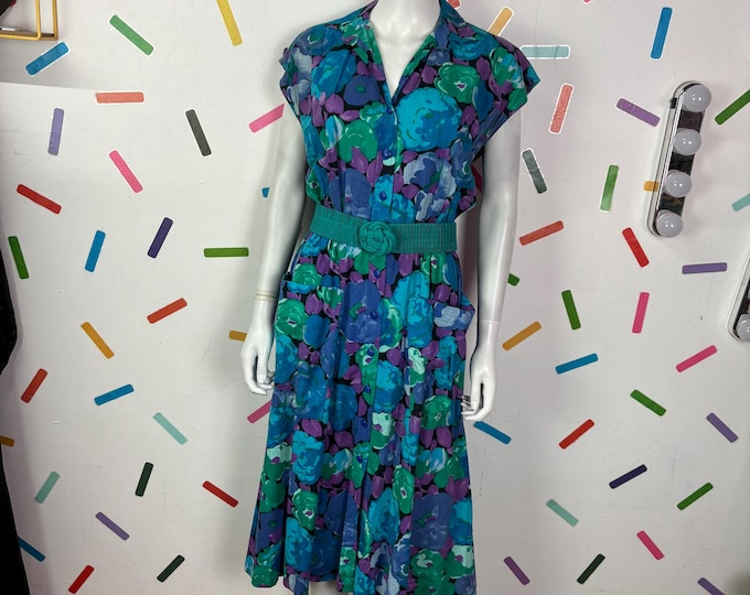 1980s true vintage floral print blue / green midi dress - Size up to 12/14