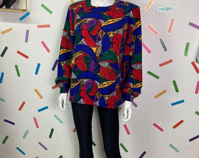 1980s true vintage abstract geo design long sleeve button back top size 14/16