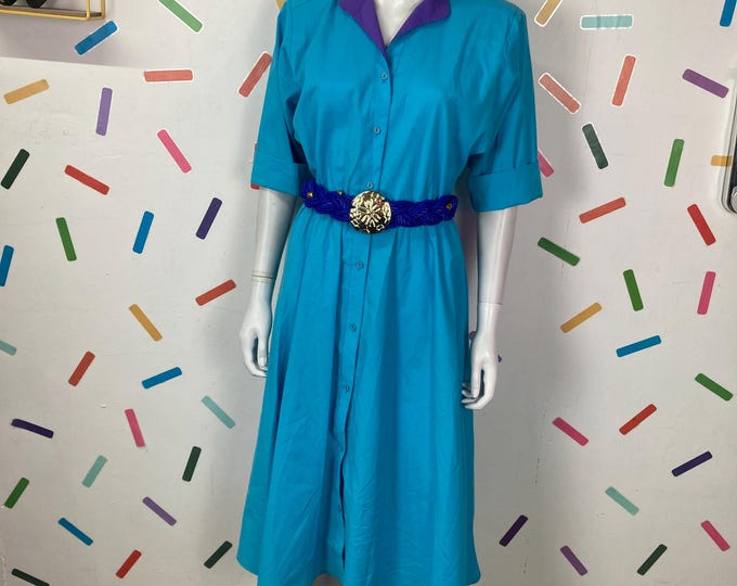 1980s does 50s vintage bright blue and purple short sleeve midi dress size 14/16