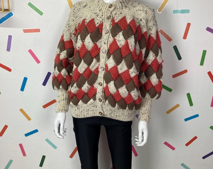 80s true vintage hand knitted weave design cardigan tan/cream/ orange Size up to 14/16