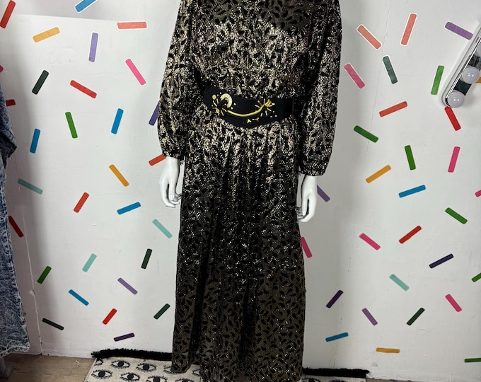 1980s true vintage gold / black lame metallic maxi dress size 12/14