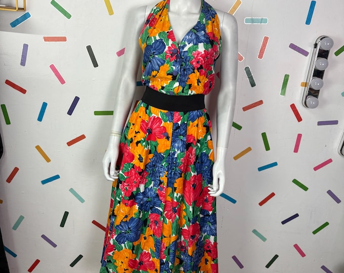 1980s true vintage floral design halter neck midi dress orange / blue size 10/12