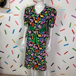 1980s vintage Simon Ellis floral black 2 piece set - jacket / skirt size 14/16