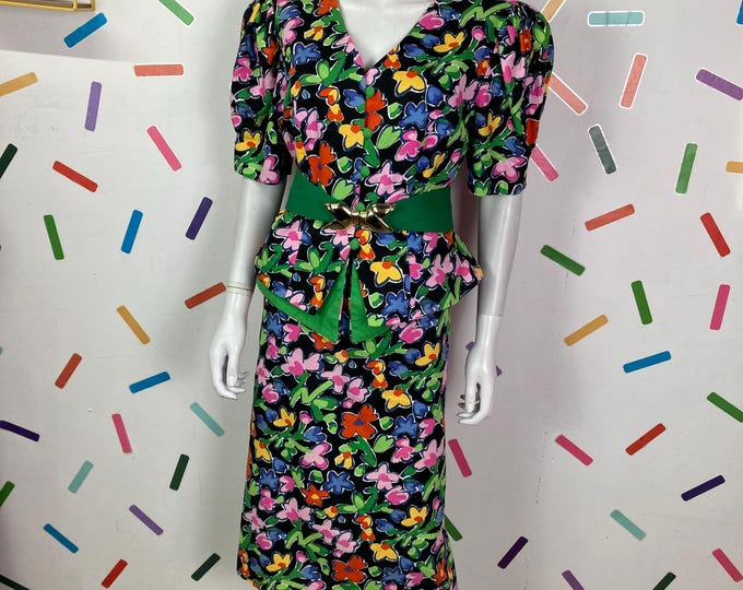 1980s vintage Simon Ellis floral black 2 piece set - jacket / skirt size 14/16
