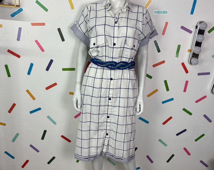 1980s Cotton Midi Dress: White/Blue Check, Button-Front, Belted (Size 12)