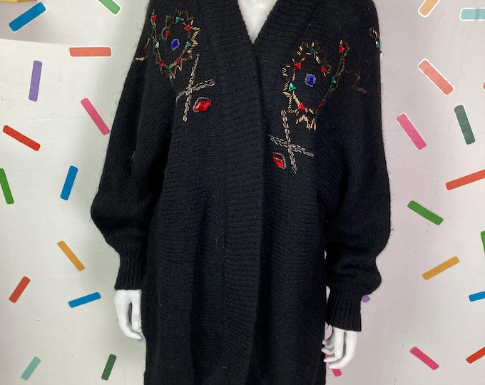 80s vintage jewel design knitted cardigan / coatigan Size 18/20