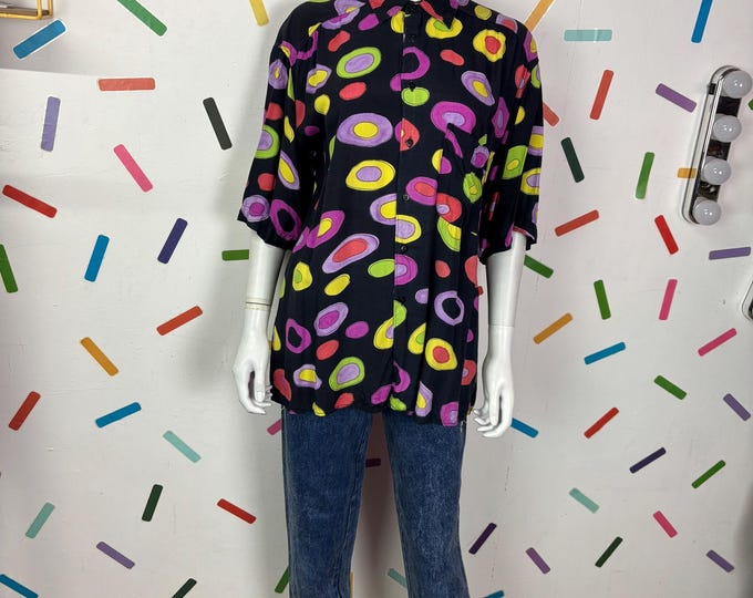 1980s true vintage geo design rainbow colour  short sleeve top Size 14/16