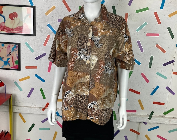 1980s true vintage animal print short sleeve shirt size up to 16 tan / brown