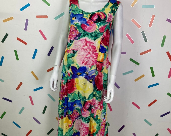 1980s true vintage abstract floral meadow design summer dress with pockets - size 10/12