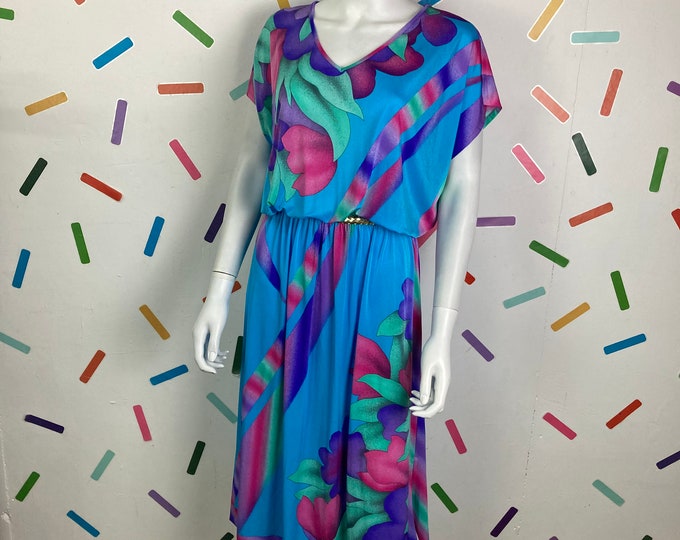 True vintage 1980s bright blue floral / abstract summer dress size 16/18