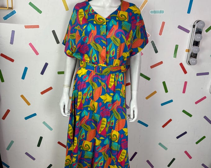 1980s true vintage abstract design pink / blue / yellow  midi dress Size 12-16