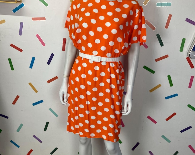 1980s true vintage orange white polka dot  design dress size 12/14