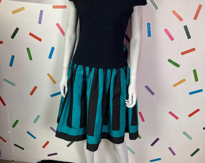 1980s true vintage dress with teal and black stripes 12/14