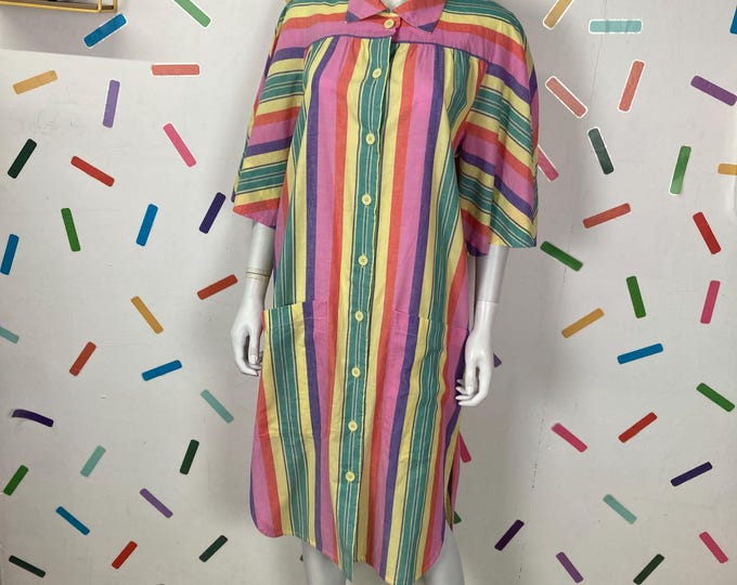 Vintage stripe design smock style dress  pink yellow Size 16